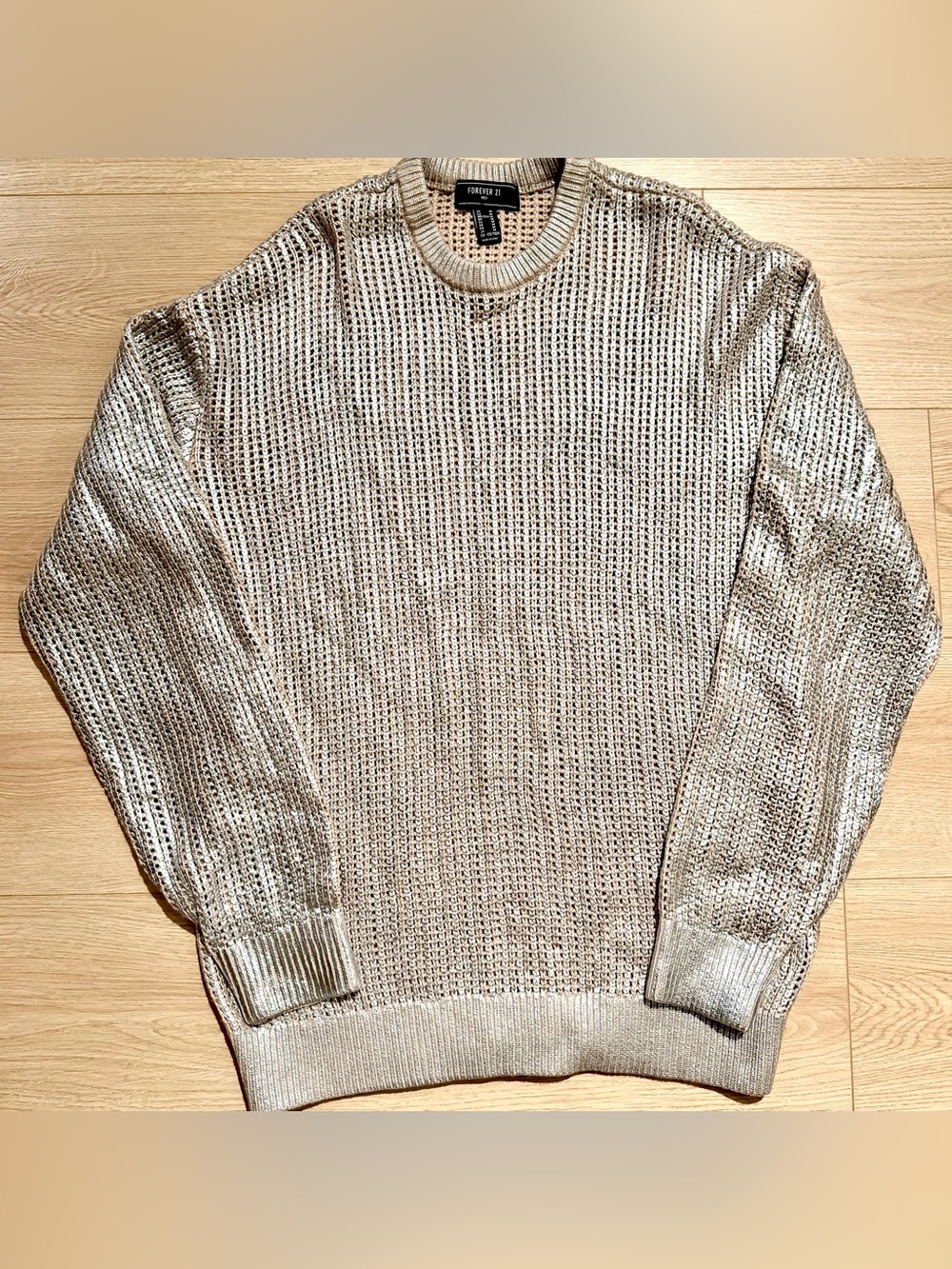Forever 21 Shimmery Shiny Silver and Brown Open-Knit Crewneck Sweater